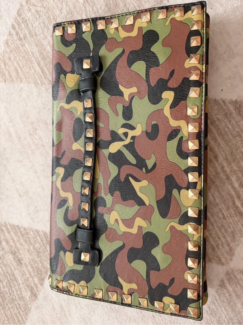 Camouflage Studded Leather Clutch - Green/Brown